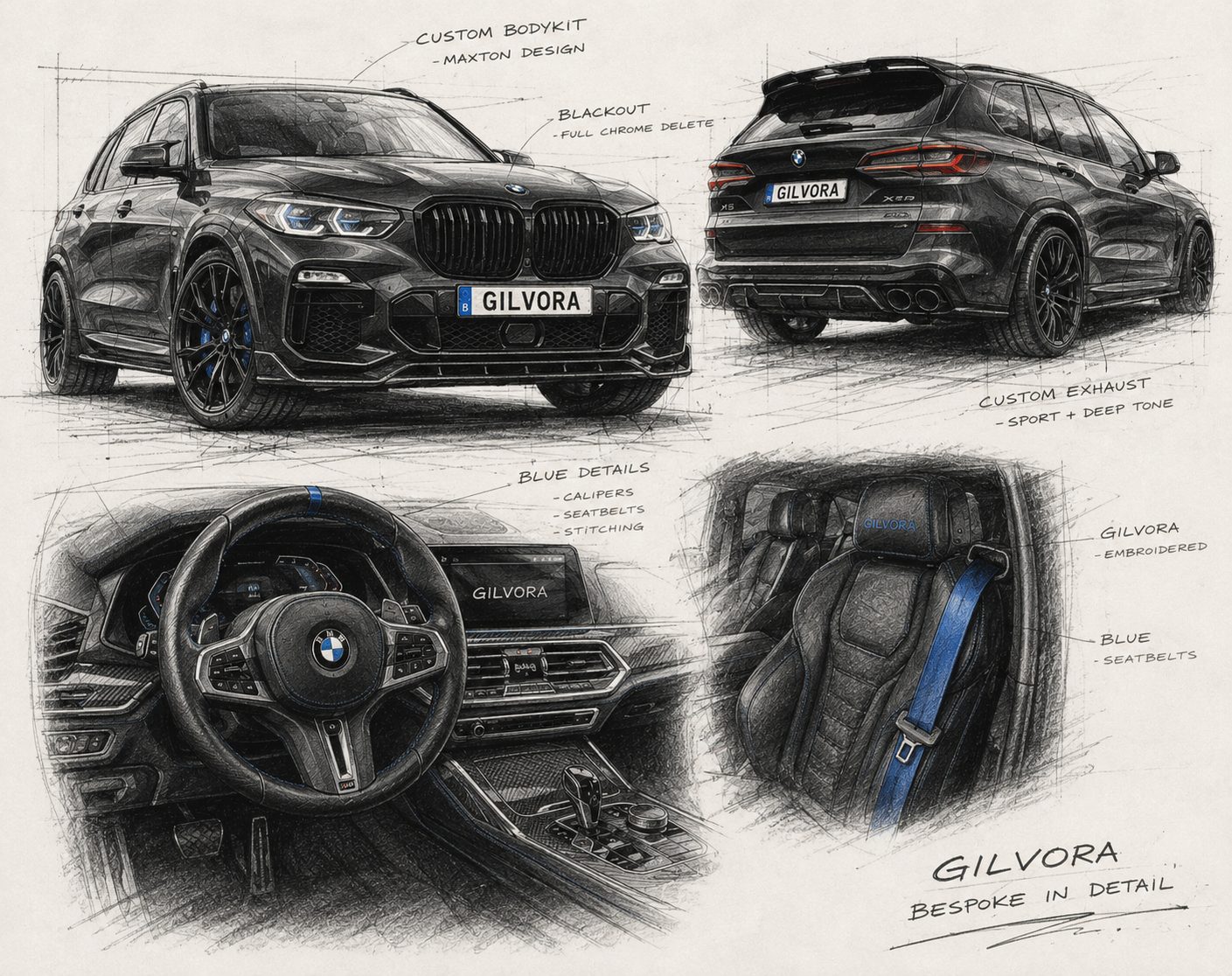 Ontwerpschets van een carbon stuurwiel met blauwe details